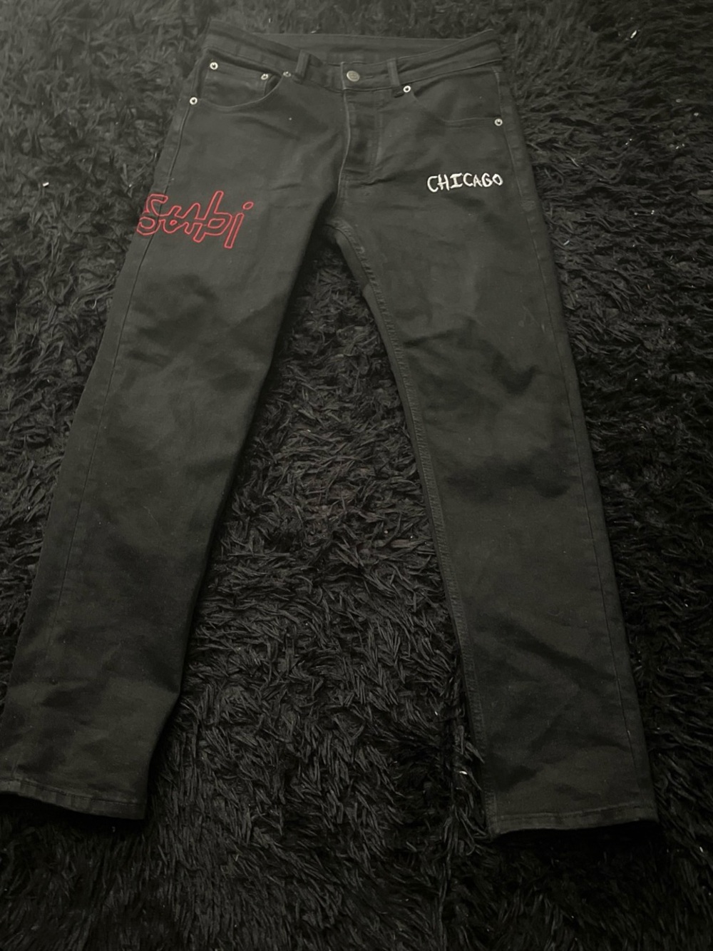 Ksubi Black Jeans with White Script Patch and Red Stitching